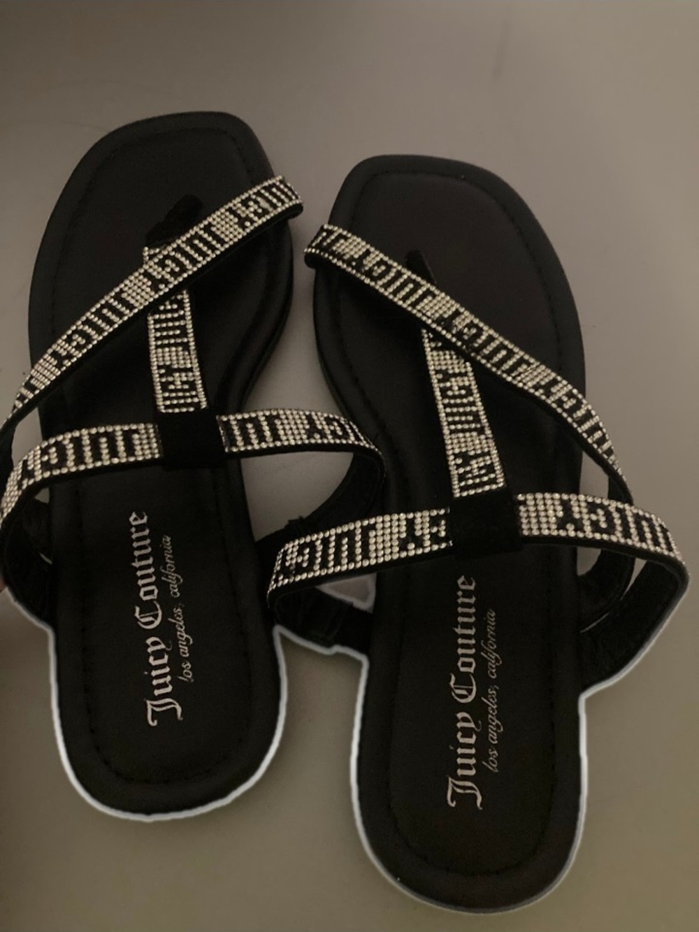 Juicy Couture -- Black Sandals with Silver Rhinestone Embellished Logo Strap
